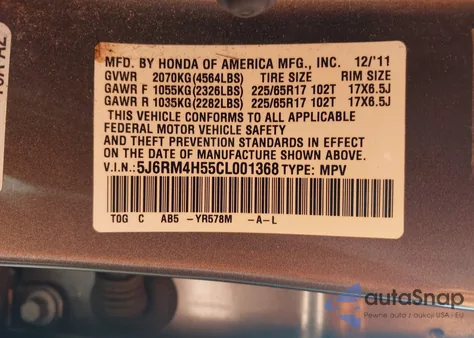 2012 Honda Cr-V Ex z USA, uszkodzony, nr VIN 5J6RM4H55CL001368